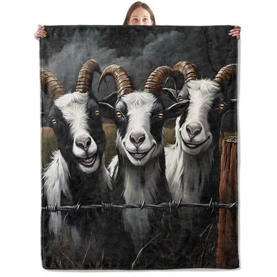 Three Smiling Goats Blanket: Farm Animal Art with Barbed Wire