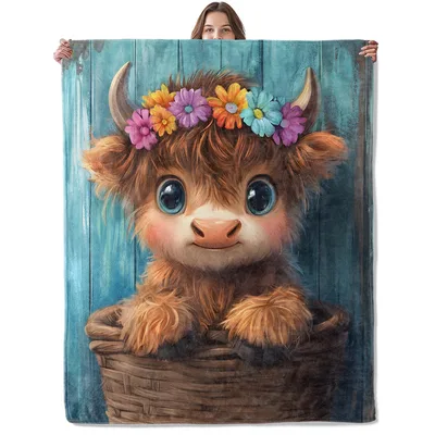 Baby Highland Cow in Flower Crown Blanket: Adorable Calf with Wreath