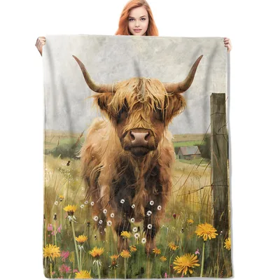 Highland Cow Wildflowers Blanket: Shaggy Horned Cattle in a Meadow