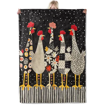 Five Quirky Patterned Chickens Blanket: Farmhouse Rooster Art