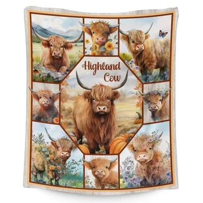 Highland Cow Watercolor Collage Blanket: Fluffy Farm Animal Art
