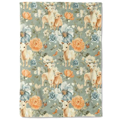 Lamb Floral Pattern Blanket: Rustic Sheep and Vintage Flower Throw