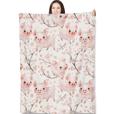 Pink Pigs Cherry Blossoms Blanket: Cute Piglet Throw for Cozy Bedrooms