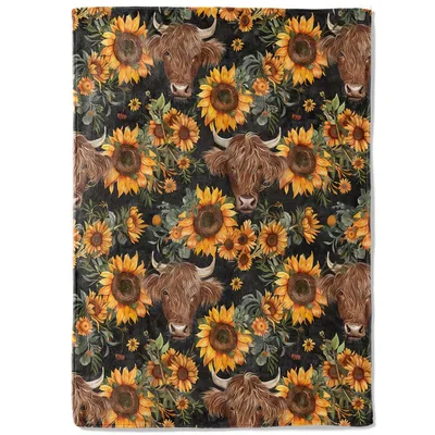 Highland Cows and Sunflowers on Charcoal Blanket