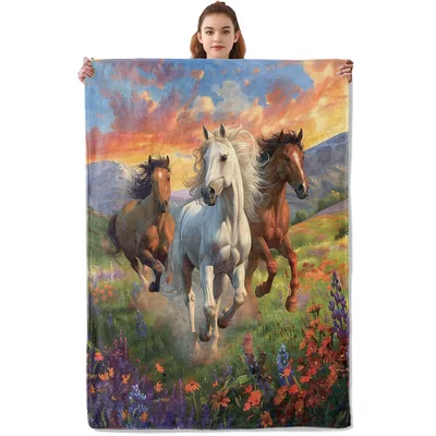 Horses Running Meadow Blanket: Wild Horses in Sunset Field