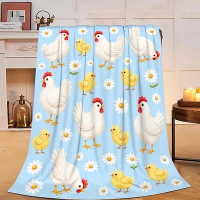 Chicken Pattern Daisies Blanket: White Hens and Yellow Chicks on Blue