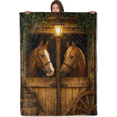 Horse Stable Blanket: Rustic Barn Scene with Two Horses Peeking Out