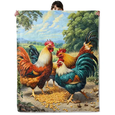 Rooster Pecking Corn Farm Blanket
