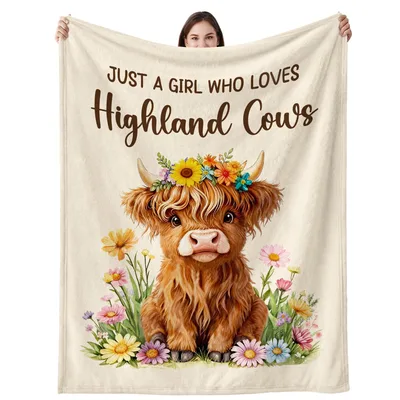 Highland Calf Blossom Crown Blanket: Fluffy Cow with Floral Crown