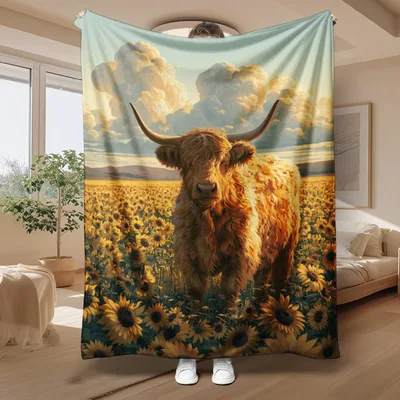 Highland Cow in Golden Blanket: Sunflower Field Art