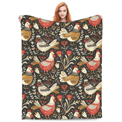 Folk Art Chickens Blanket: Vintage Rooster Floral Pattern Throw