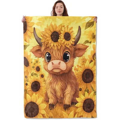 Kawaii Highland Cow Blanket: Fluffy Calf with Sunflower Crown