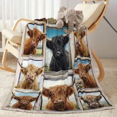 Highland Cow Pictures Blanket: Shaggy Cows in Window Frames