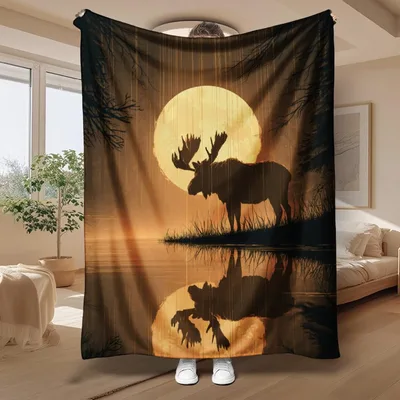 Moose Silhouette Moon Blanket: Rustic Wildlife Art for Cabin Lovers