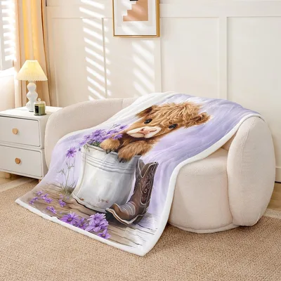 Highland Calf in Lavender Blanket: Rustic Cow with Boots and Flowers