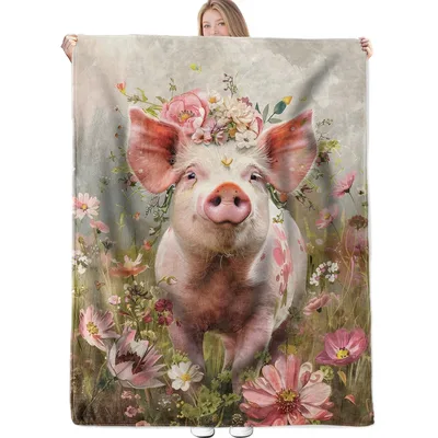 Pig in Pink Flower Blanket: Floral Farm Animal Design