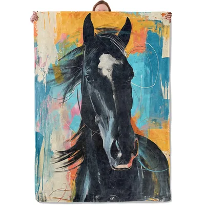 Black Horse Abstract Art Blanket: Bold Equestrian Portrait