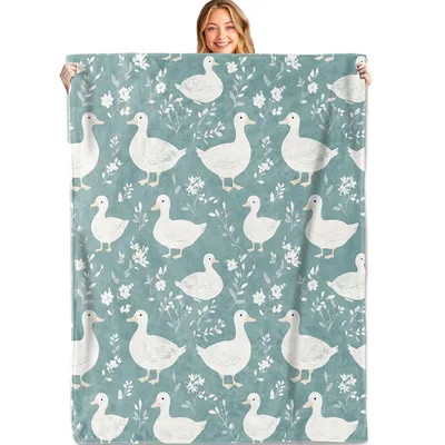 Duck Pattern Floral Blanket: White Ducks on Teal Vintage Background