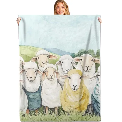 Sheep Farm Animals Blanket: Watercolor Herd with One Yellow Sheep