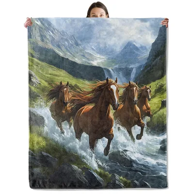 Running Horses Mountain Blanket: Stallions Galloping Through Stream