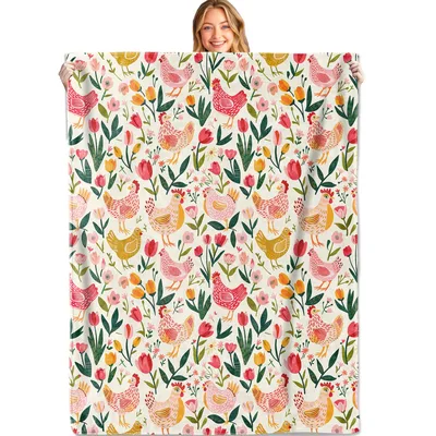Chickens and Tulips Pattern Blanket: Farm Hens with Spring Flowers