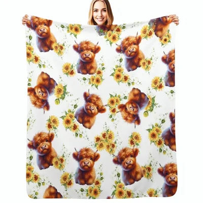 Baby Highland Cows Blanket: Fluffy Calves and Sunflower Pattern