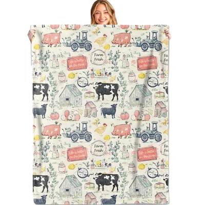 Vintage Farm Life Animals Blanket: Rustic Barnyard Tractors and Cows