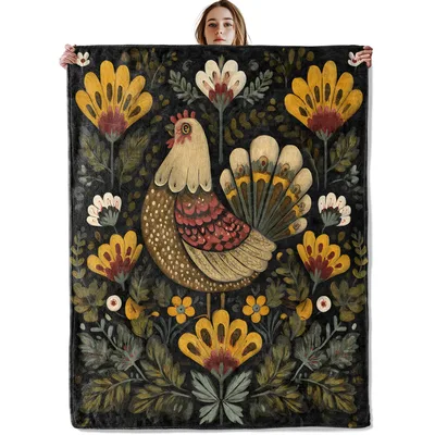 Folk Art Rooster Blanket: Rustic Chicken and Floral Farmhouse Design