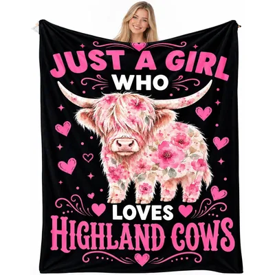 Highland Cow Pink Floral Blanket