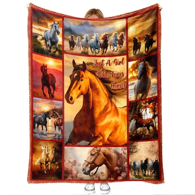 Golden Sunset Horses Collage Blanket features a central