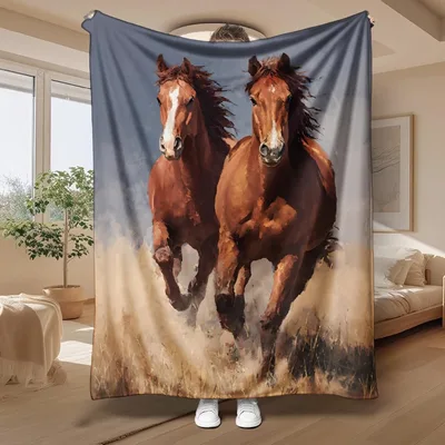 Horse Running Painting Blanket: Two Chestnut Horses Galloping