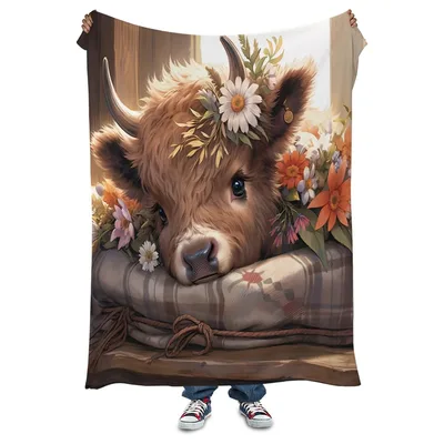 Baby Highland Cow with Daisies Blanket: Fluffy Calf with Floral Crown
