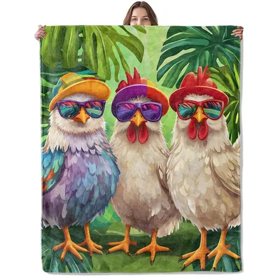 Chickens Sunglasses Tropical Blanket: Cool Roosters in a Jungle Print