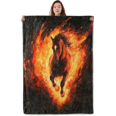 Fire Horse Animal Lovers Blanket: Fiery Stallion Art for Fantasy Fans