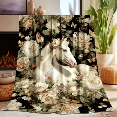 White Horse Floral Blanket: Vintage White Horse surrounded