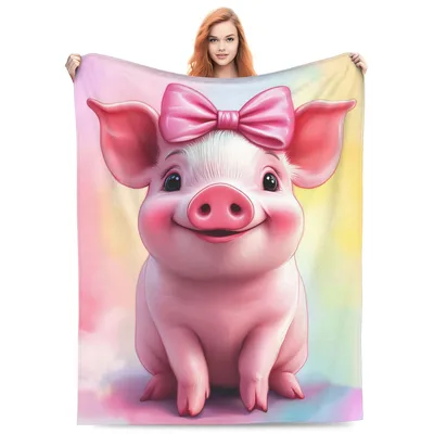 Pink Pig Bow Blanket: Smiling Piglet with Rainbow Background