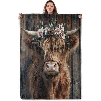 Rustic Wood Highland Cow Blanket: Floral Crown Design