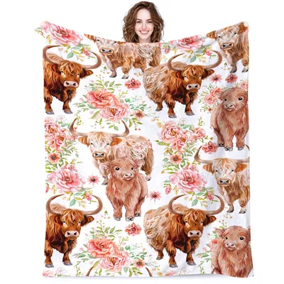 Highland Cows in Pink Flowers Blanket: Rustic Farmhouse Cow Art