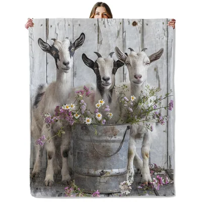 Three Goats Blanket: Rustic Farm Animal Print with Wildflowers
