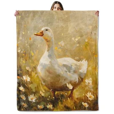 Duck Painting Wildflowers Blanket: Artistic White Duck in a Field