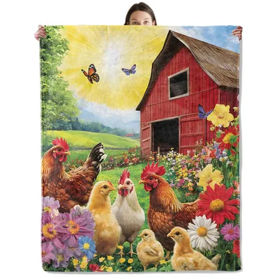 Chicken Farm Barn Flowers Blanket: Rustic Red Barn Scene