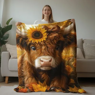 Highland Cow Farm Animal Blanket: Shaggy Calf with Sunflower and Bow