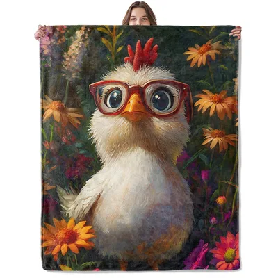 Cute Chicken Blanket: Fluffy Chick with Red Glasses in a Garden