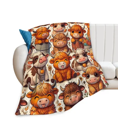 Chibi Highland Cows Pattern Blanket: Cute Shaggy Cow Art Design