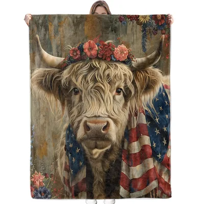 Highland Cow Flag Blanket: Shaggy Cattle with Floral Crown and Stars