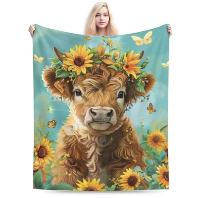 Highland Calf in Sunflowers Turquoise Dream Blanket