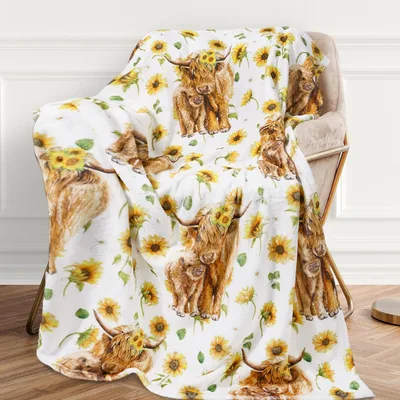 Sunflower Highland Calves Blanket: Fluffy Cows with Flower Crowns