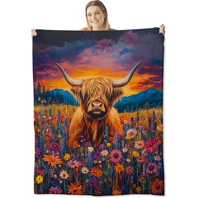 Highland Cow Wildflowers Sunset Blanket: Fluffy Farm Animal Art
