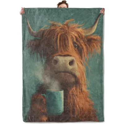 Highland Cow with Coffee Mug Blanket: Rustic Farm Animal Art