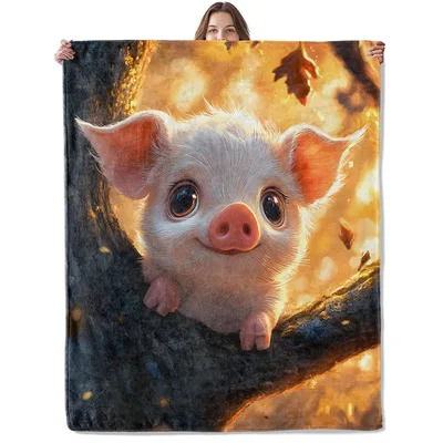 Cute Piglet Pig Animal Blanket: Adorable Furry Pig on Tree Branch